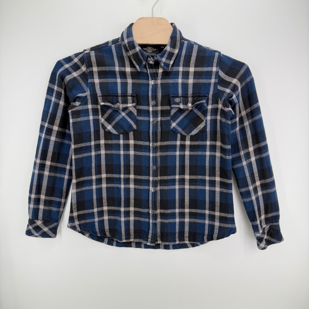 Harley-Davidson Plaid Flannel Shirt Size M 100% Cotton Blue Black Biker Moto Top